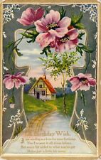 Vtg Postcard Birthday Greetings C1910s Cozy Cottage Floral Pink Pastoral Gilt picture