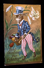 Rare~Uncle Sam Easter RABBIT~Antique Anthropomorphic  Patriotic Fantasy Postcard picture