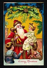 5303 Antique Vintage Christmas Postcard Santa holds girl yellow dress toys doll picture