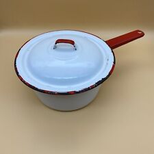 Vintage metal white & red enameled pan With Lid picture