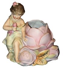Antique Vintage Bisque Porcelain Girl & Flowers Figurine Planter Vase picture