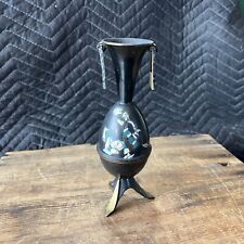 Beautiful Vintage Jewish Israel Black Brass Hand Painted Urn Vase Pitcher picture