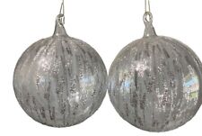 Lot of 2 - Clear Blown Glass 3.5” Round Christmas Bulb Ornament w/Silver Glitter picture