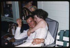 Orig 1961 35mm SLIDE Scene w Happy Newlywed Young Woman Sitting in Hubby's Lap picture
