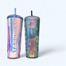 Starbucks 2 Iridescent Tumblers Cups Ice Lid Straw 24oz Venti Mermaid Rainbow picture
