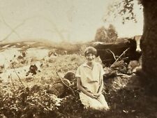 1Q Photograph Pretty Woman Headband Sitting In Field Near Cows Big Smile 1920's  picture