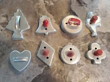 Vintage Lot of 8 Aluminum Cookie Cutters with Red Handles Santa Heart Bell Tree picture