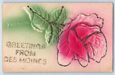 Des Moines Iowa IA Postcard Greetings Embossed Flower Airbrushed c1910s Antique picture