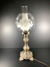 Antique Ornate Brass Banquet Lamp Frosted Glass Shade W/ Roses 3-Way Switch picture