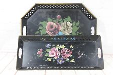 Set of 2 Vintage Nashco Black Floral Hand Painted “Van”Tole Tray Signed picture