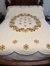 VTG Handmade Stitched Quilt Embroidery Scalloped Edging 90x72” Grandmacore picture