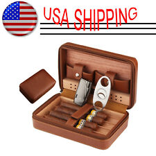 Brown Travel Leather Cedar Wood Cigar Humidor Case Box Lighter Cutter Gift Box picture