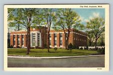 Saginaw MI, Historic 1937 City Hall Building Street View Linen Michigan Postcard picture