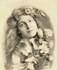 C.1910s Beautiful Woman Portrait. White Roses. Floral Hair. Sketch Print. VTG picture