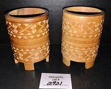 2 Vtg Boho Carved Wooden Storage Candle Pen Holder Footed Tiki Cup picture