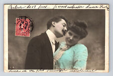 RPPC French Hand Colored Man Trying to Kiss Beautiful Woman Lucie UDB Postcard picture