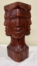 Wooden Tiki Perpetual Four Faces Vase Hand Carved 4 Sided Vintage Native Marked picture
