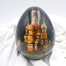 Russian Black Lacquer Egg St Basils Cathedral Moscow Hand Painted Signed VTG picture