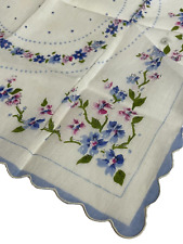 Vintage 50s Cottagecore Printed Scalloped Hanky Handkerchief Blue Floral Flower picture