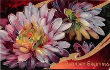 Gorgeous Purple Chrysanthemums on Old Birthday Postcard picture
