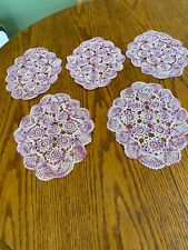 Lot of 5 Hand Crocheted Doilies Purple and White 9  1/2 X 7 1/2 picture