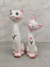 VTG Kitsch Ceramic Cat Figurine Pair Winking Floral Blue Eyes White Pink picture
