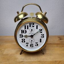 Vtg JERGER Brass Alarm Clock Double Bell Germany Glow In The Dark Hands Works picture