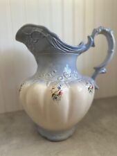 Antique 1890 English ironstone pitcher 12inch blue white  picture