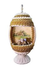 Vintage One Of A Kind Diorama Beaded Goose Egg Pedestal Gold Pearls Easter picture