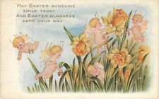 Embossed Easter Postcard Fairies Flutter Around Painting Daffodil Flower Whitney picture
