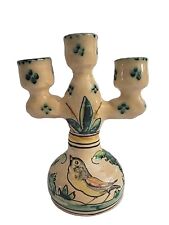 Handmade Folk Art Ceramic Candelabra Bird Scene Signed FM Vintage picture