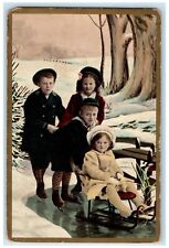 c1910's Children Ice Skating Sled In Winter Posted Antique Postcard picture