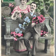 c1900s French Romantic Handlebar Mustache Man Smile RPPC Hand Colored Photo A136 picture