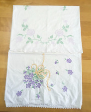Lot of 2 Vintage Floral Cross Stitched White Standard Pillow Cases Purple picture