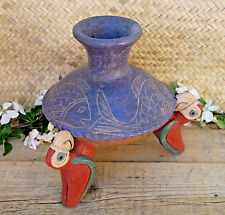 Pre Columbian Style Tripod Parrot Fish Pot Clay Handmade Jalisco Mexico Folk Art picture