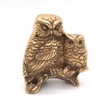 Vintage Brass OWL Mother Baby Perched on Limb Small Figurine Paperweight picture