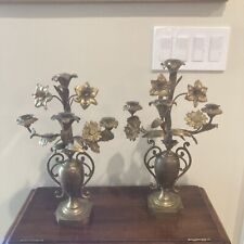 PAIR 19th Century French Brass Gilt Altar CANDELABRAS Lilies Sunflowers  picture