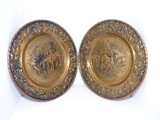 Vtg  lot of 2 Brass Wall Plates Depicting Fox Hunt Scenes With Horses 10'' picture