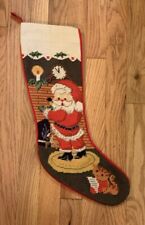 Imperial Elegance Needlepoint Christmas Stocking Wool Santa Fireplace Cat Vtg picture