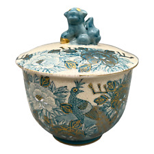 Vintage Japanese Satsuma Blue Peacock and Floral Lidded Bowl With Foo Dog Handle picture