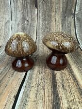 Vintage Hull USA Mushroom Salt & Pepper Shakers Brown Drip Glaze with Corks 70’s picture