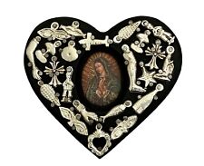 Mexican MILAGROS Heart, VIRGIN GUADALUPE Corazon with Charms ExVotos, Black picture