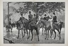 England London Hyde Park, Family Riding Horses in Rain, Huge 1880s Antique Print picture