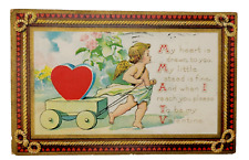 Antique Valentine Cherub Cupid Angel Pull Heart Cart 1910s Postcard Cancel Stamp picture