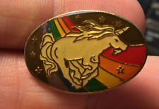 Unicorn enamel pin NOS vintage rainbow stars hat lapel bag new myth 70s 80s oval picture