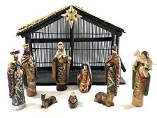 Vintage Rare 10 Piece Hand Painted Jeweled Resin Nativity Set With Wood Stable picture