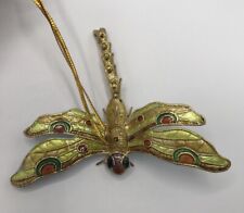 Vintage Yellow Cloisonné Dragonfly Ornament w/ Blue Under Wing Articulated Tail picture