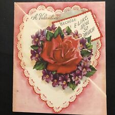 Vtg Valentine Card Beautiful Rose Bouquet On Lace Heart Because I Like U So Much picture