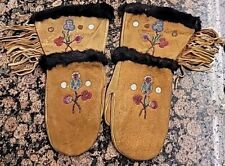 Vtg Native American? Floral  Beaded Leather Fringe Gauntlet Adult Mittens Gloves picture