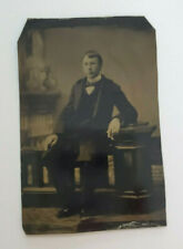 ANTIQUE Tintype Photograph Young Man Dapper Suit Bow Tie Smoking Portrait 3